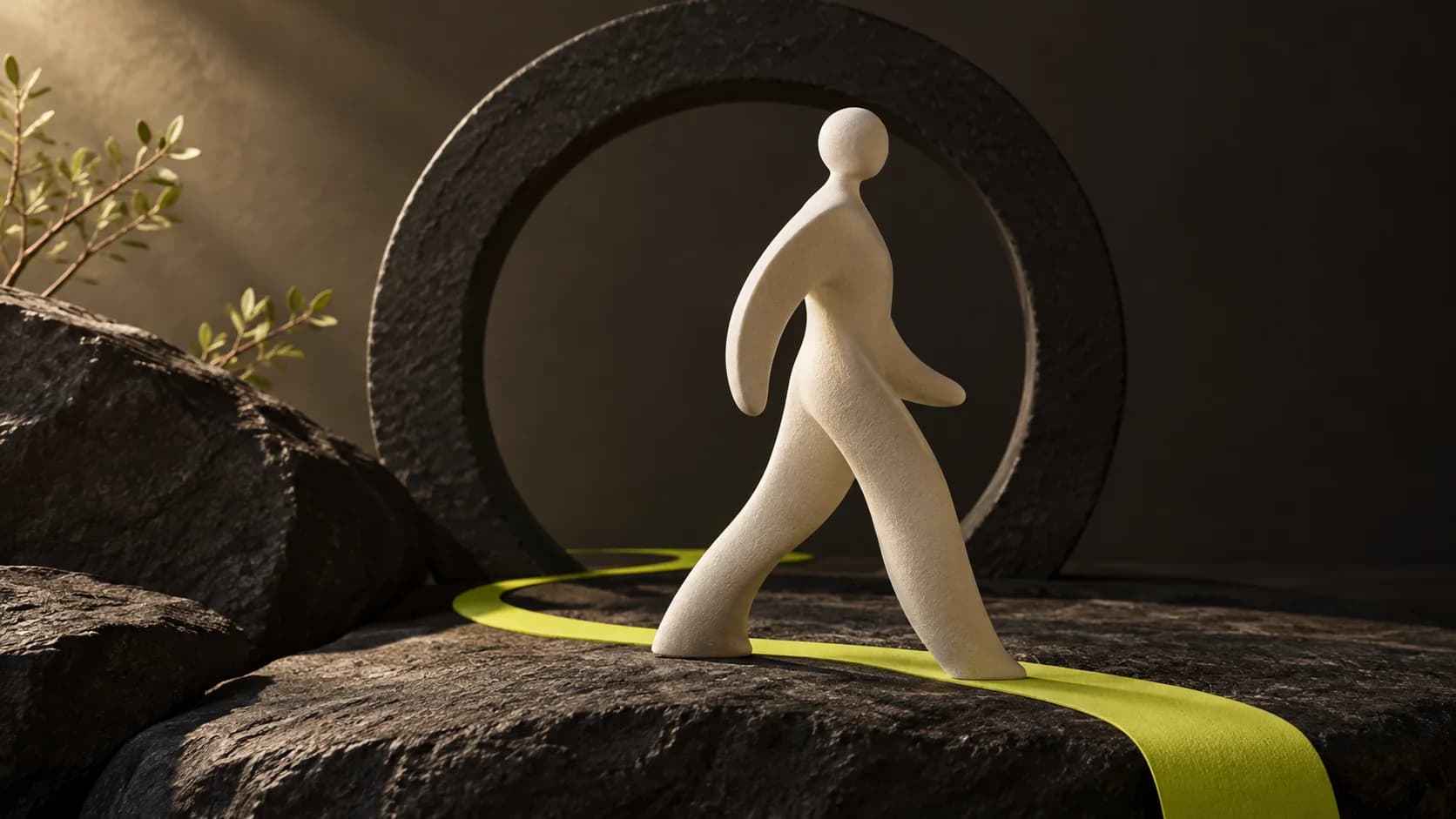 Figura escultórica marfil en movimiento junto a un arco oscuro y un camino lima.